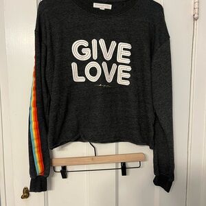 Spiritual Gangster Charcoal Gray  'Give Love' Sweatshirt with Rainbow Stripes S